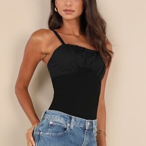 Lulus Breezy Smiles Black Poplin Ribbed Knit Cami Top - Size M